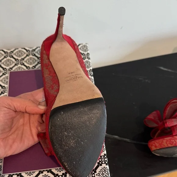EUC Authentic Valentino Red Lace Bow Peep-Toe Stilettos - Picture 3 of 7